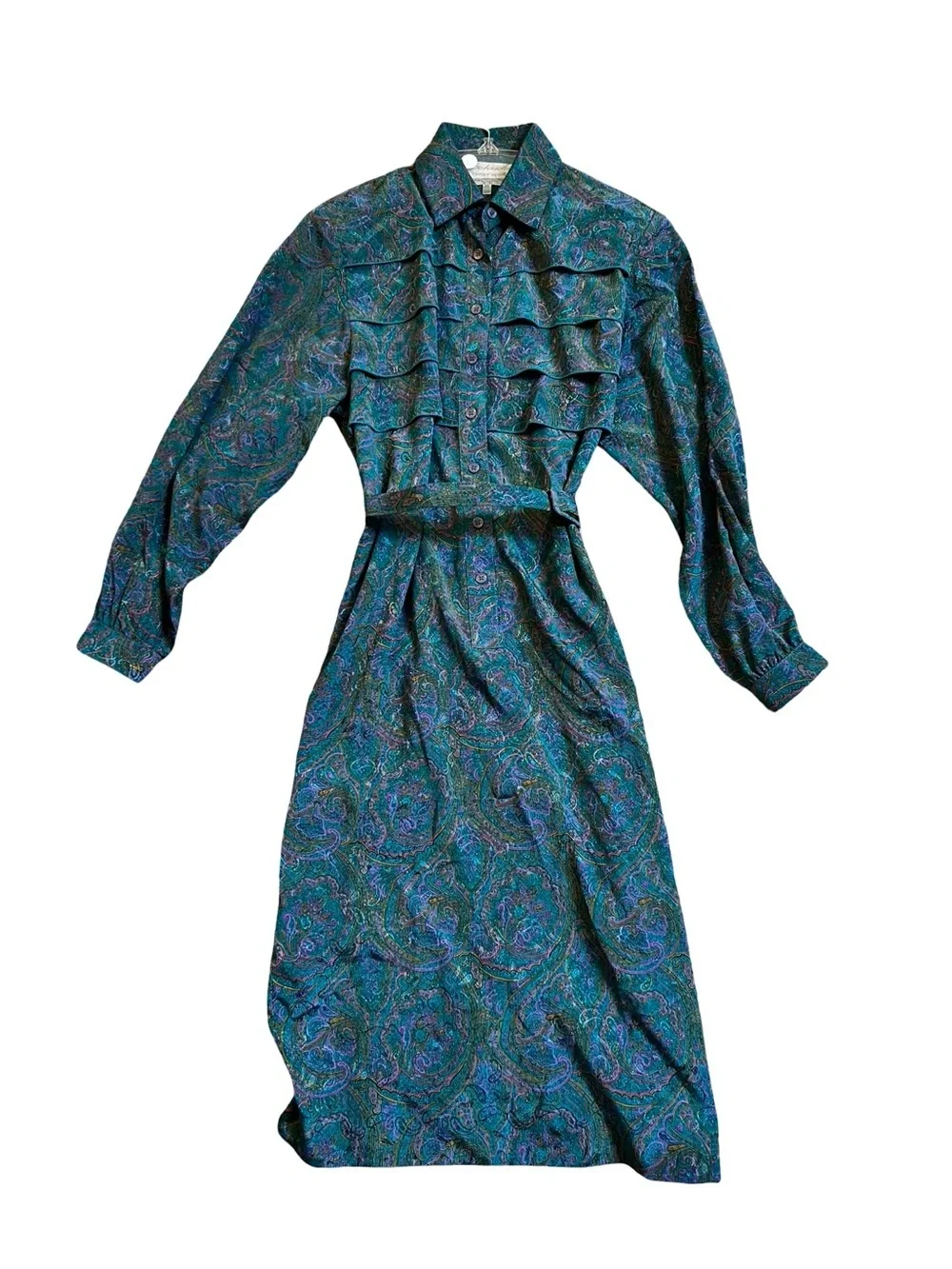 Vintage Schroder Sport Paisley Ruffle Blue Teal Belted Midi Dress Size 10P